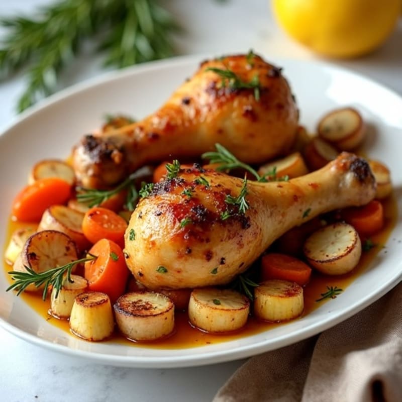 Crispy Lemon Herb Roasted Chicken Drumsticks with Roasted Root Vegetables
