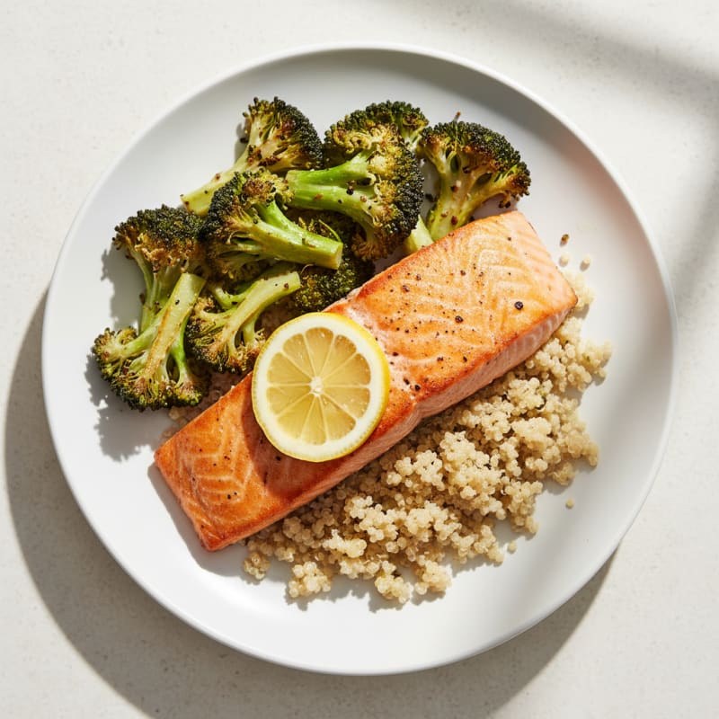 Seared Salmon Fillet with Roasted Broccoli and Quinoa