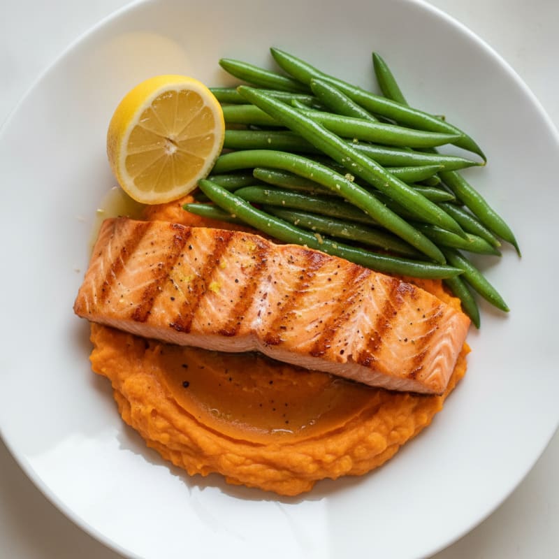 Seared Salmon with Steamed Green Beans and Sweet Potato Mash