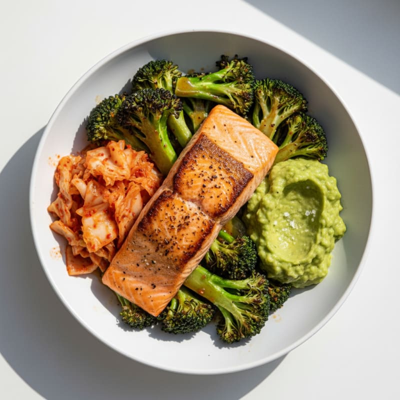 Grilled Salmon Over Broccoli with Kimchi and Guacamole