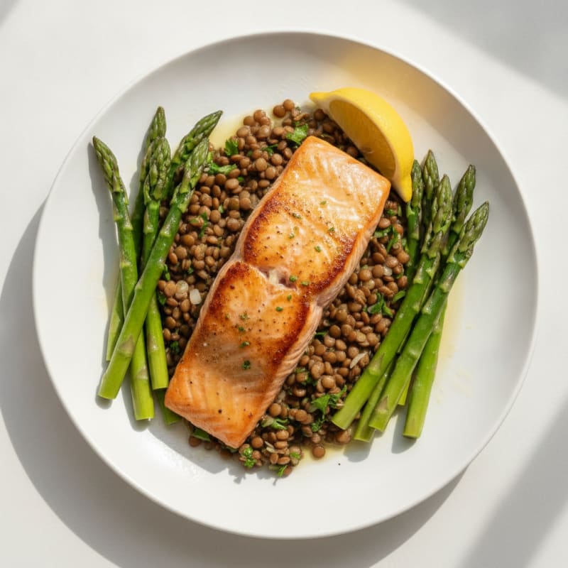 Seared Salmon Fillet with Lentil Salad and Steamed Asparagus