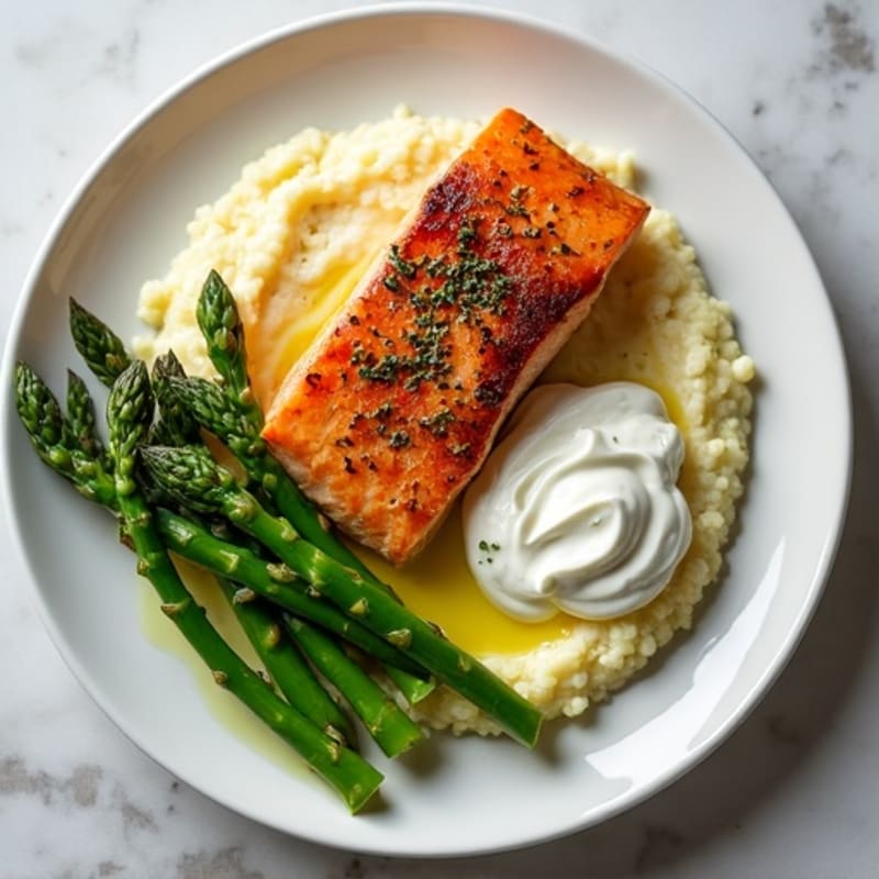 Seared Salmon with Steamed Asparagus and Cauliflower Mash