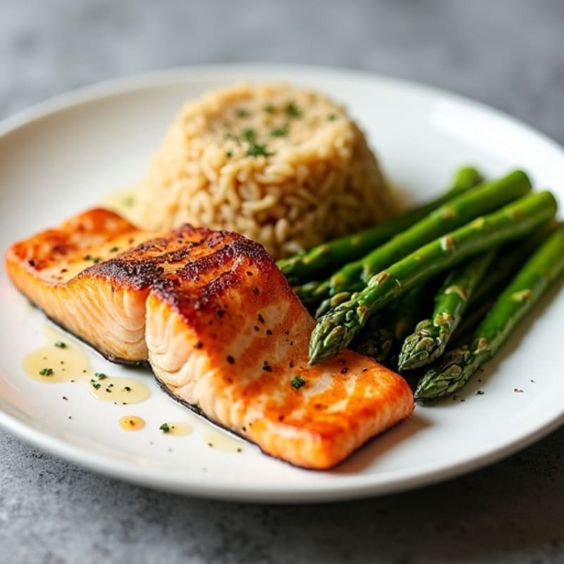 Seared Salmon Fillet with Steamed Asparagus and Brown Rice