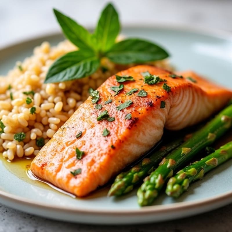 Seared Salmon Fillet with Steamed Asparagus and Brown Rice