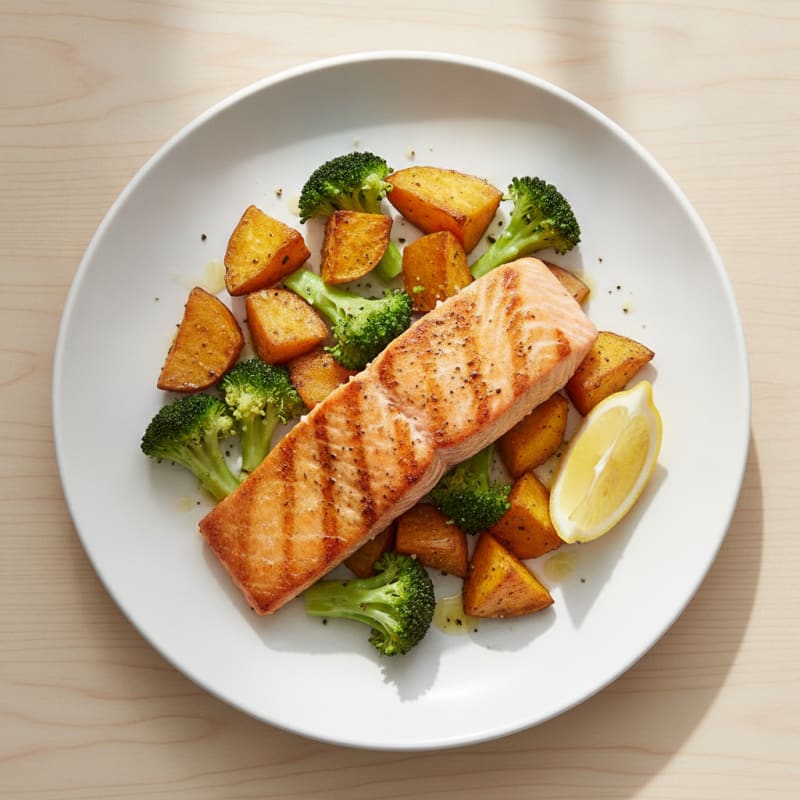 Seared Salmon with Roasted Sweet Potatoes and Broccoli