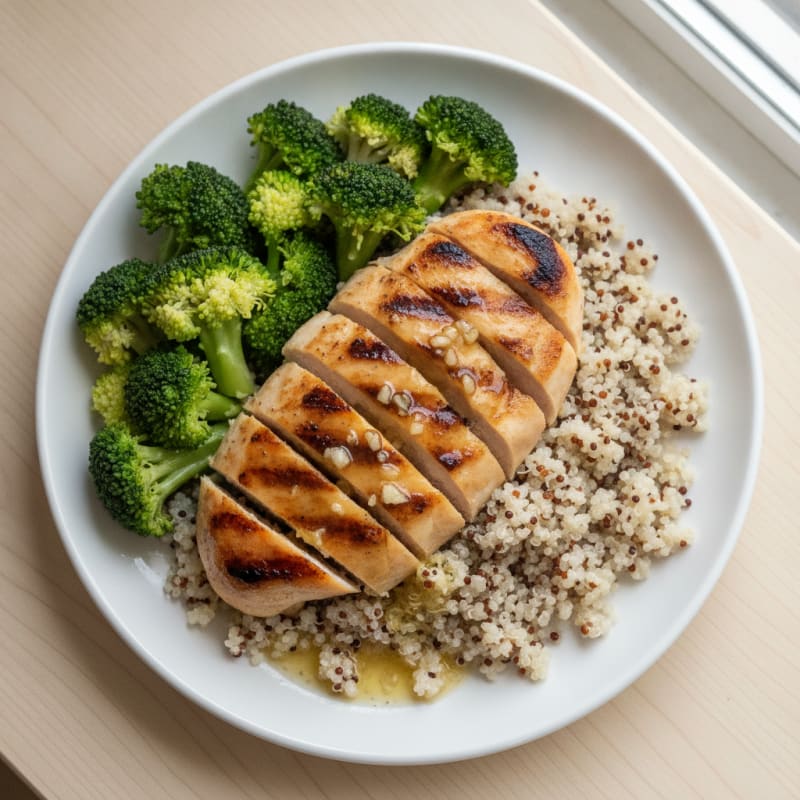 Grilled Lemon Garlic Chicken Breast with Quinoa and Steamed Broccoli