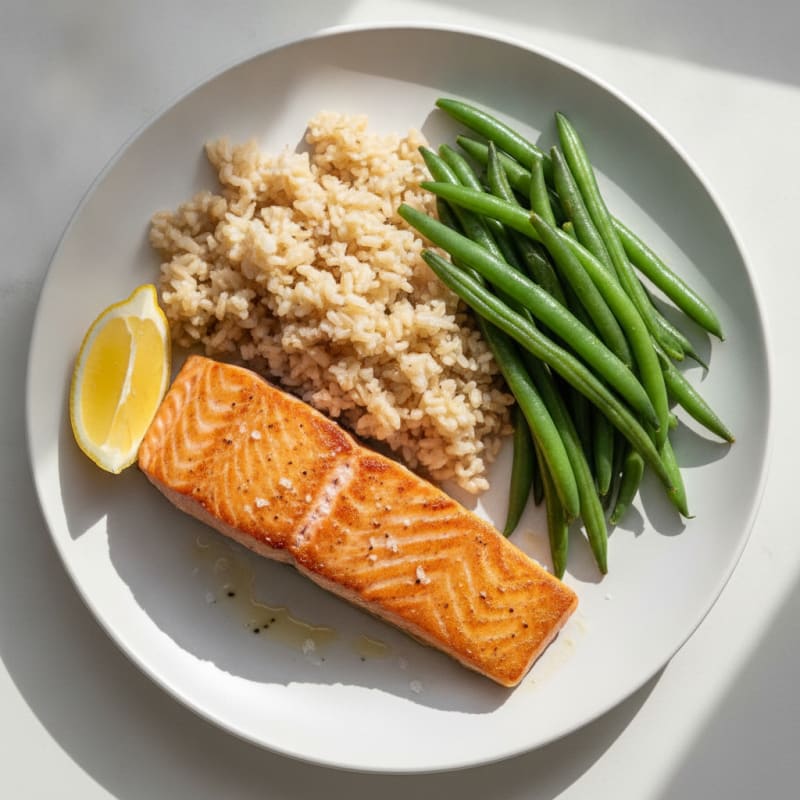 Seared Salmon with Steamed Green Beans and Brown Rice