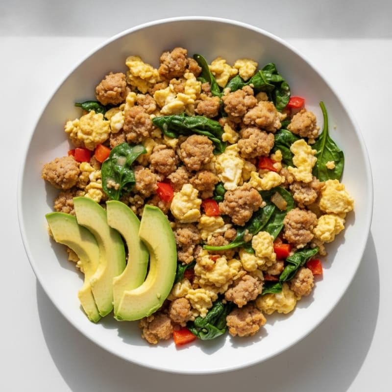 Egg White Scramble with Turkey Sausage and Sautéed Spinach