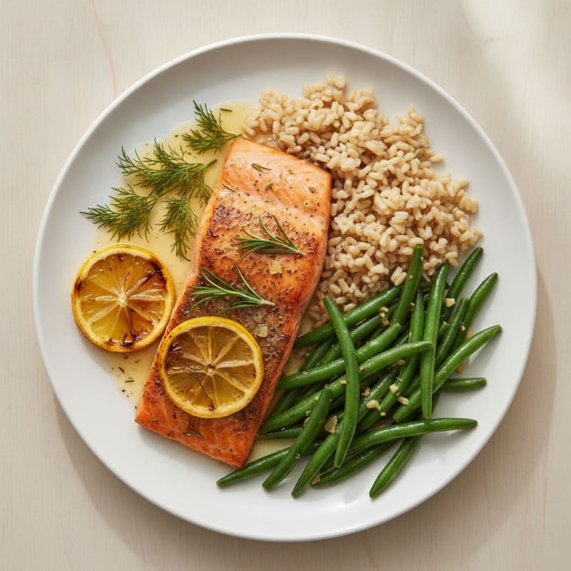 Baked Salmon with Garlic Green Beans and Brown Rice
