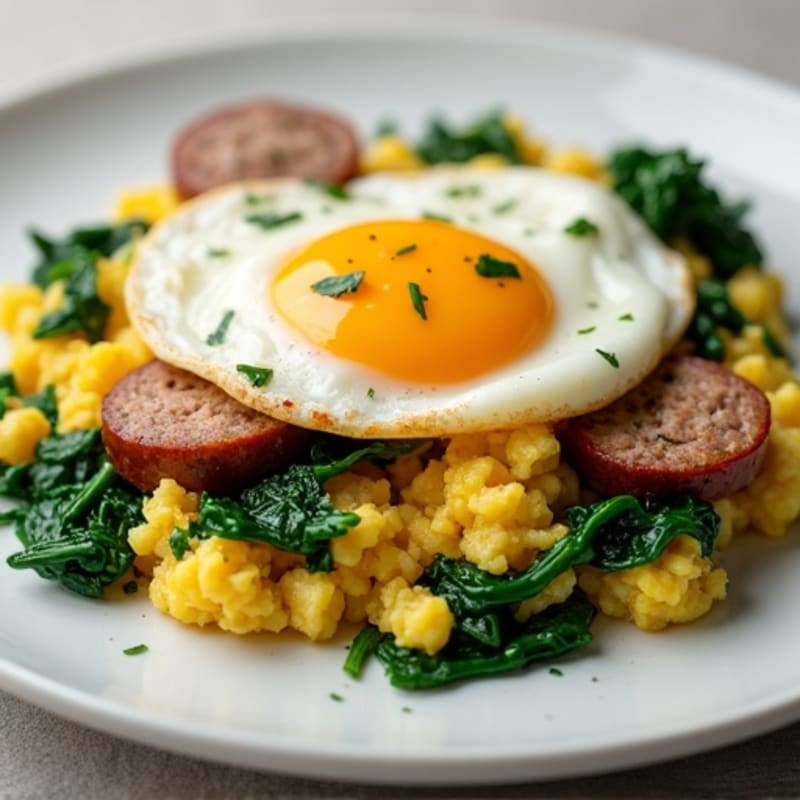 Egg White Scramble with Turkey Sausage and Sautéed Spinach