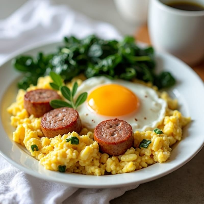 Egg White Scramble with Turkey Sausage and Sautéed Spinach