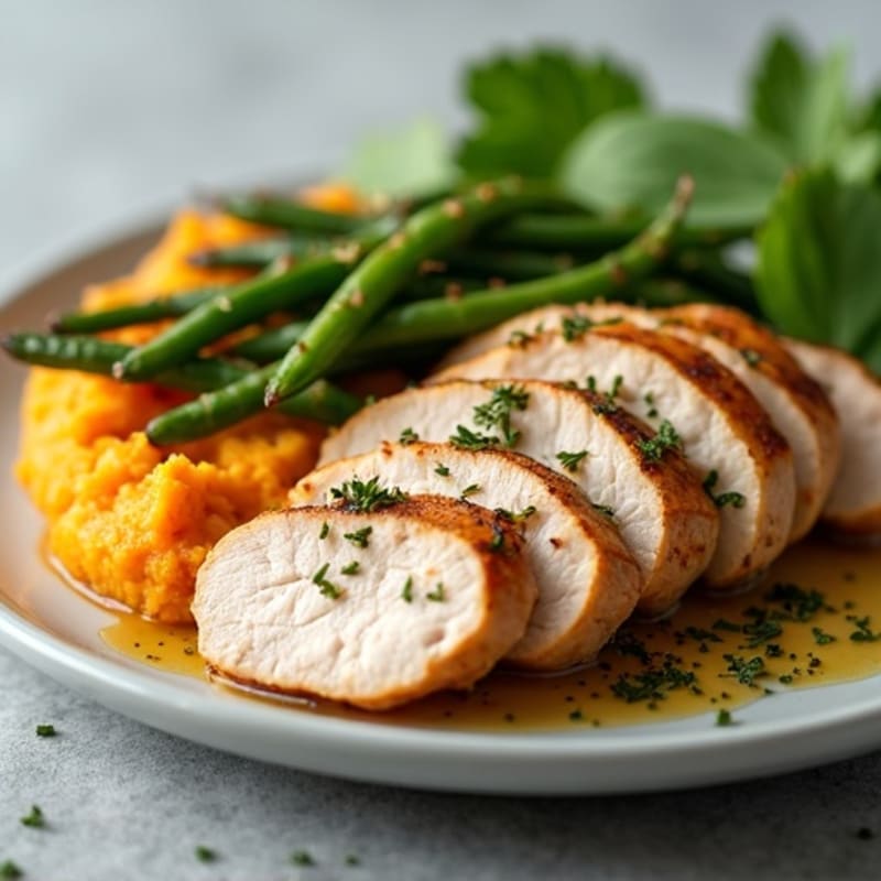 Seared Turkey Breast with Garlic Green Beans and Sweet Potato Mash