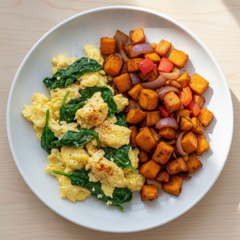 Scrambled Eggs with Spinach and Sweet Potato Hash