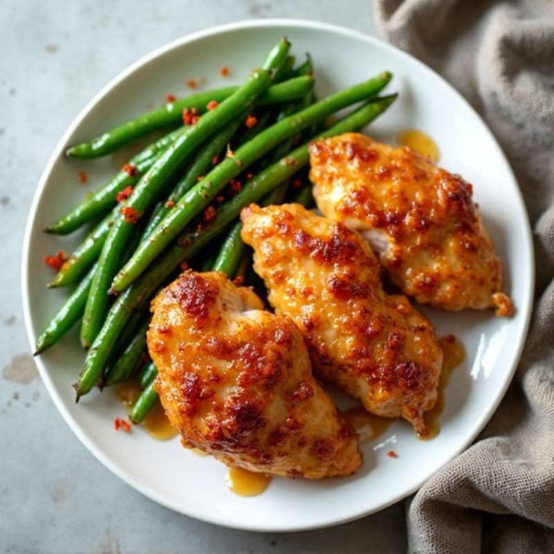 Crispy Honey-Garlic-Ginger Chicken with Spicy Roasted Green Beans