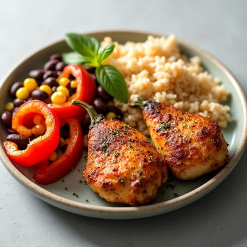 Crispy Sheet Pan Chicken Thighs with Roasted Bell Peppers, Corn, and Black Beans, served with Fluffy Jasmine Rice