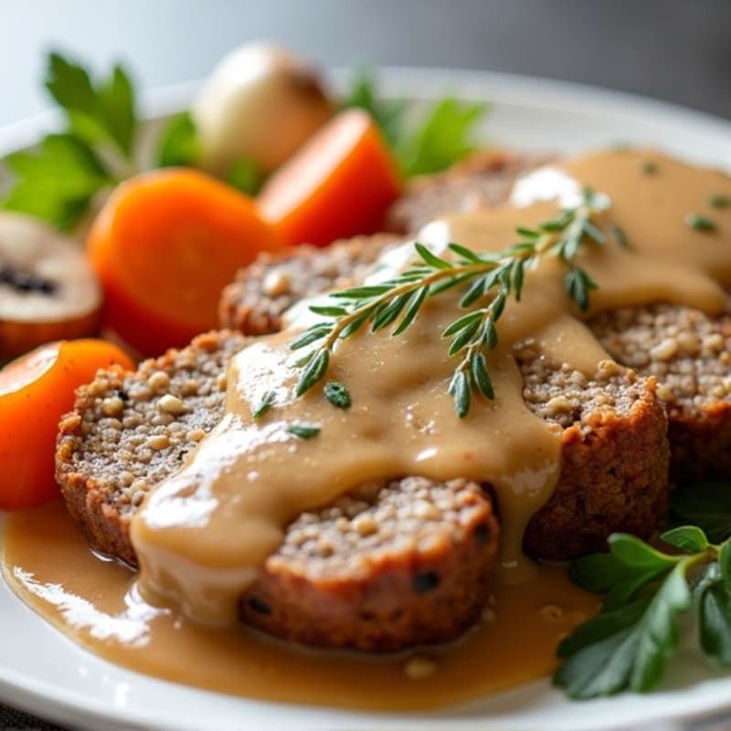 Lean Turkey Meatloaf with Roasted Root Vegetables and Creamy Mushroom Gravy