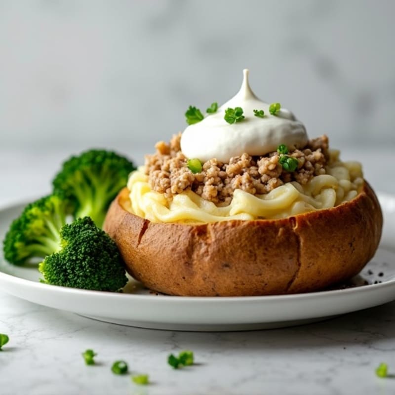 Fluffy Baked Potato with Lean Ground Turkey, Steamed Broccoli, and Creamy Greek Yogurt