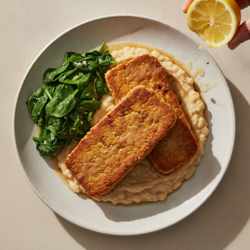 Seared Tempeh Steaks with Creamy White Bean Mash and Sautéed Spinach