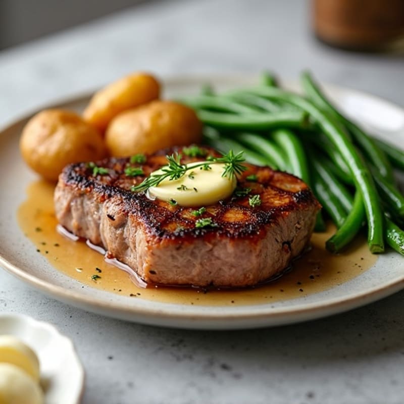 Pan-Seared Garlic Butter Steak with Crispy Roasted Potatoes and Green Beans