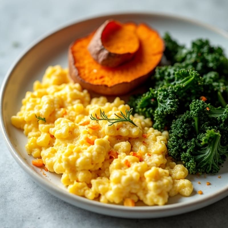 Hearty Scrambled Eggs with Roasted Sweet Potatoes and Sautéed Kale