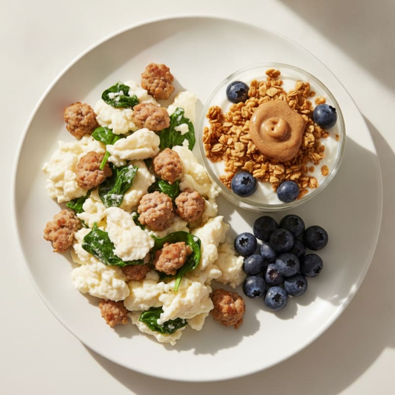 Egg White Scramble with Turkey Sausage and Greek Yogurt Parfait