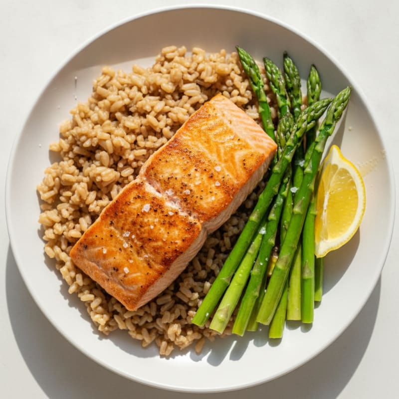Seared Salmon with Steamed Asparagus and Brown Rice
