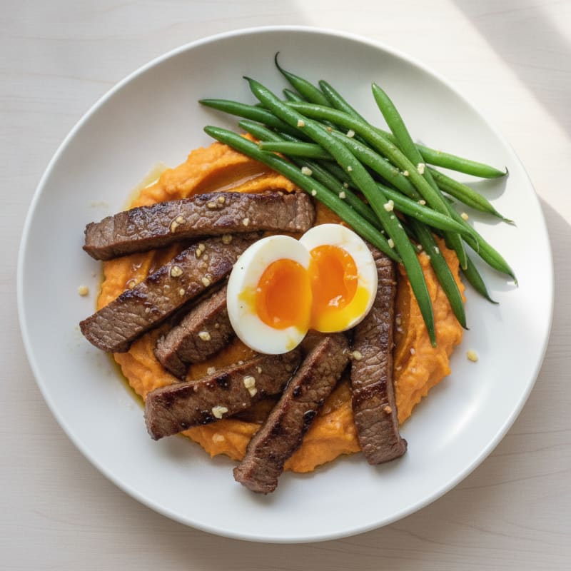 Seared Beef Strips with Steamed Green Beans and Garlic Sweet Potato Mash
