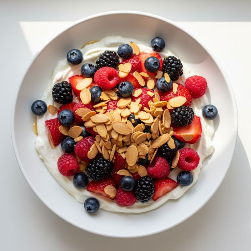 Greek Yogurt Protein Parfait with Mixed Berries and Almonds