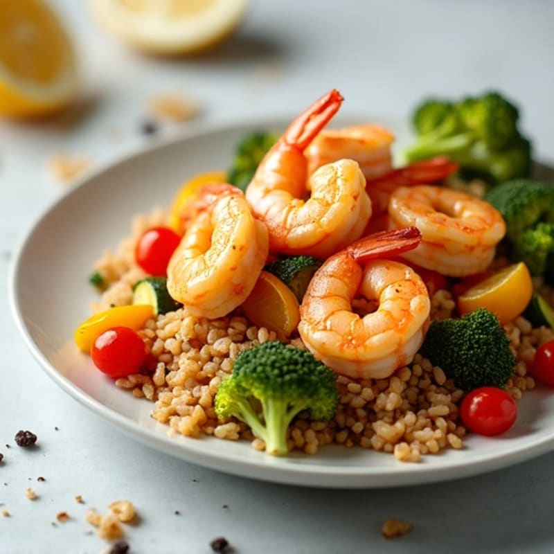 Lemon Garlic Shrimp with Fluffy Brown Rice and Roasted Vegetables