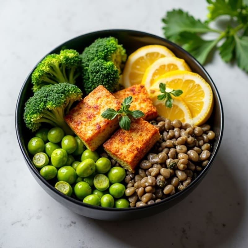 Crispy Tofu and Lentil Power Bowl with Roasted Broccoli