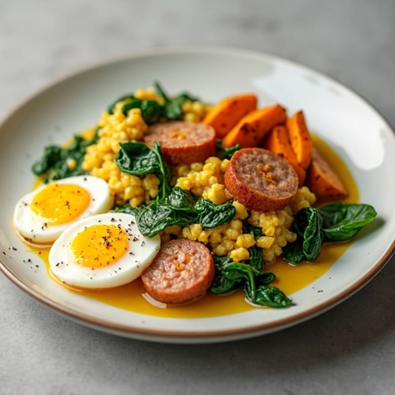 Chicken Sausage and Spinach Egg Scramble with Sweet Potato