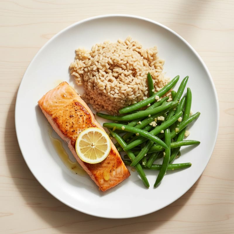 Seared Salmon Fillet with Garlic Green Beans and Brown Rice