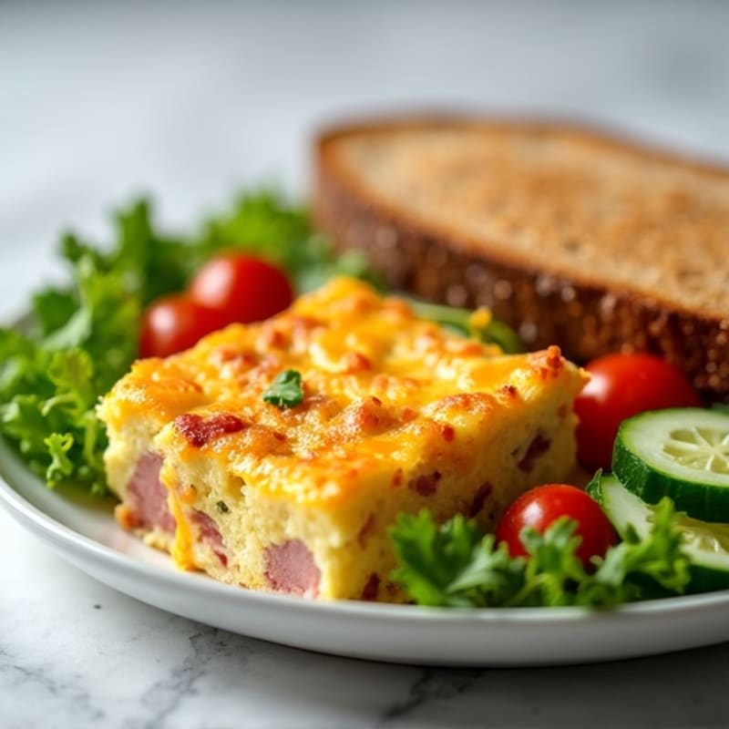 Ham and Cheese Egg Bake with Fresh Salad and Whole Grain Toast