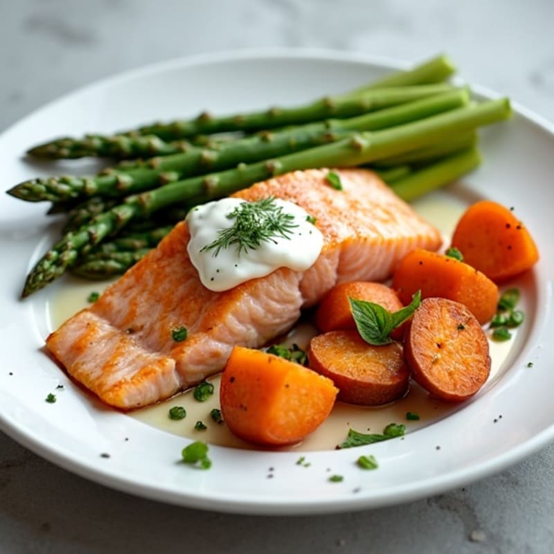 Seared Salmon Fillet with Roasted Sweet Potatoes and Asparagus