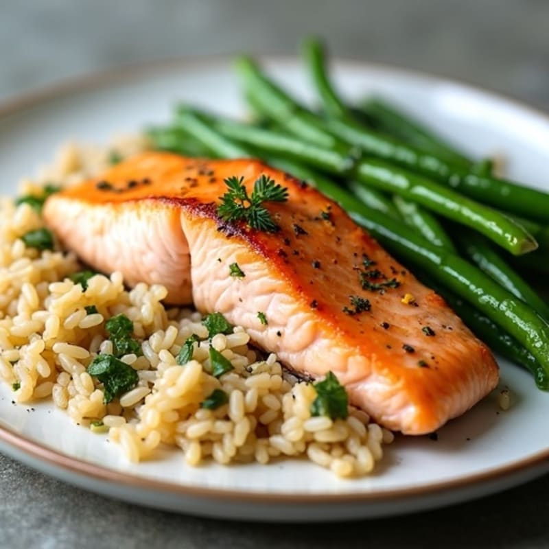 Seared Salmon Fillet with Steamed Green Beans and Herbed Brown Rice