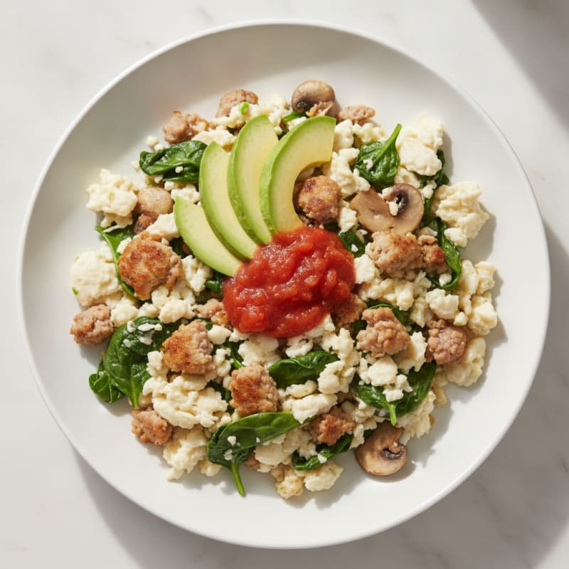 Egg White and Turkey Sausage Scramble with Spinach and Mushrooms