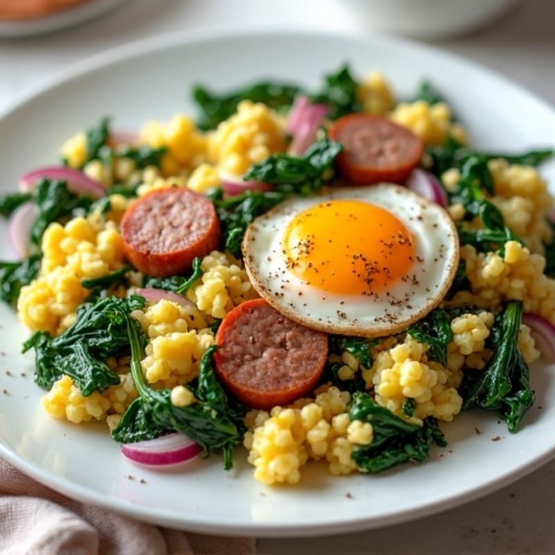 Egg White Scramble with Turkey Sausage and Sautéed Spinach