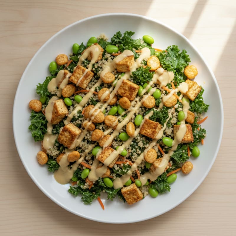 Crunchy Kale Quinoa Salad with Edamame and Tahini Dressing