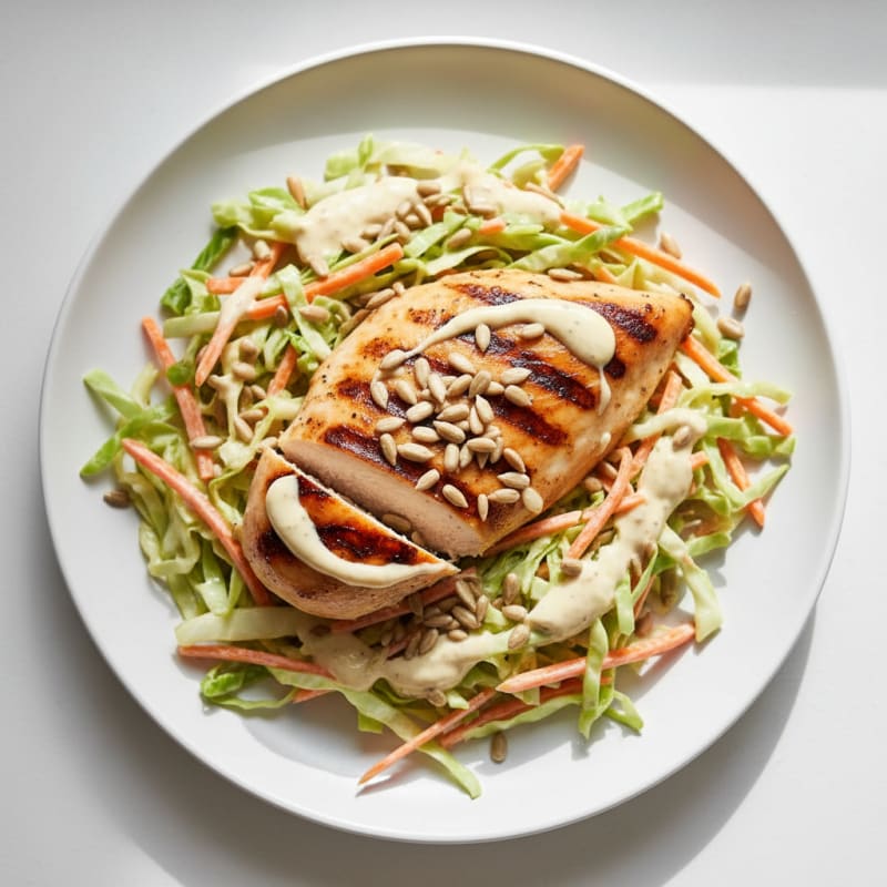 Grilled Chicken Breast with Crunchy Cabbage Slaw and Greek Yogurt Dressing