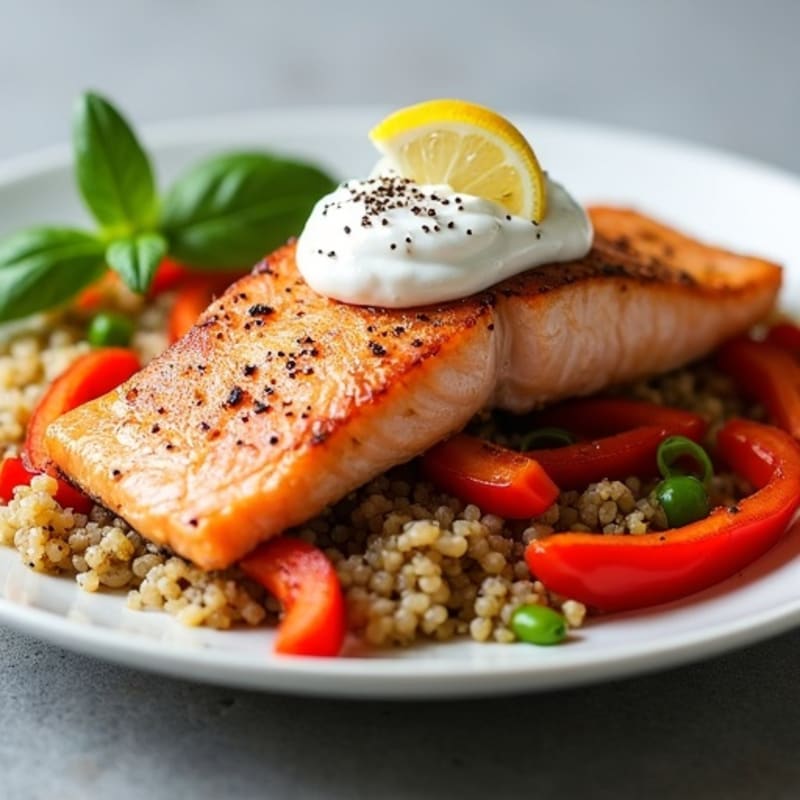 Seared Salmon with Roasted Peppers and Quinoa
