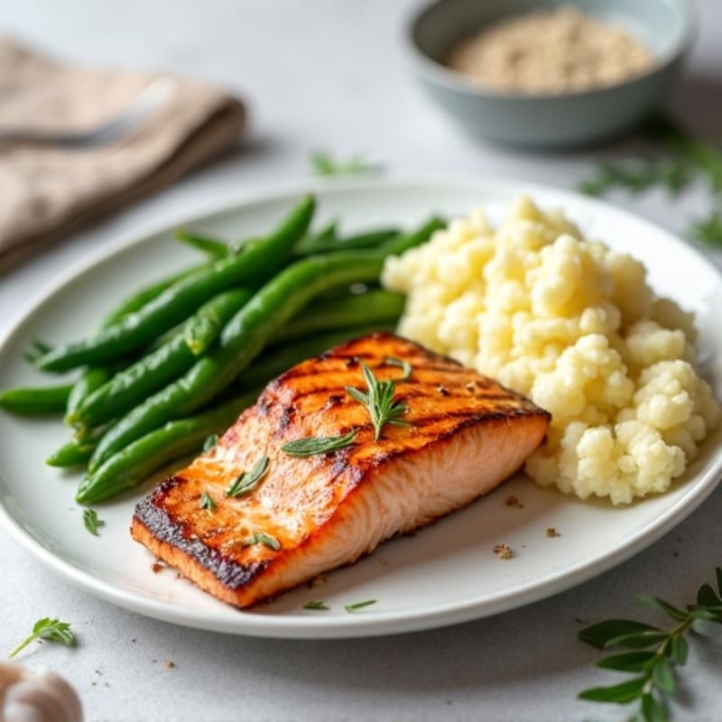 Seared Salmon Fillet with Steamed Green Beans and Garlic Mashed Cauliflower
