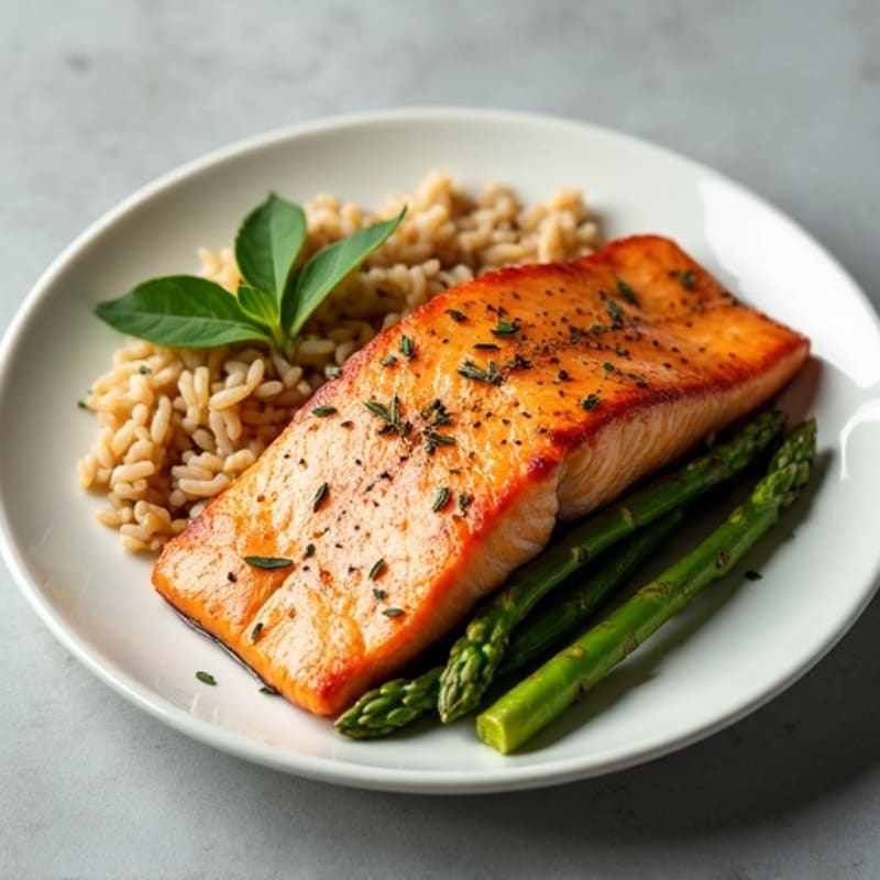 Seared Salmon Fillet with Steamed Asparagus and Brown Rice