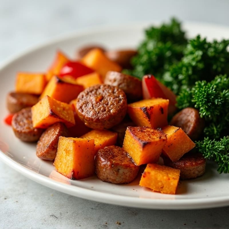 Crispy Sweet Potato and Chicken Sausage Hash with Sautéed Kale