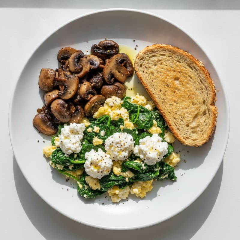 Egg White and Spinach Scramble with Cottage Cheese and Sautéed Mushrooms