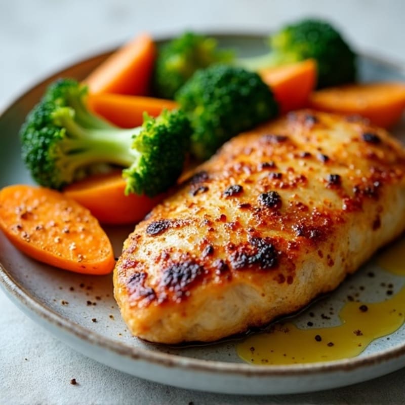 Crispy Pan-Seared Chicken with Roasted Sweet Potatoes and Broccoli