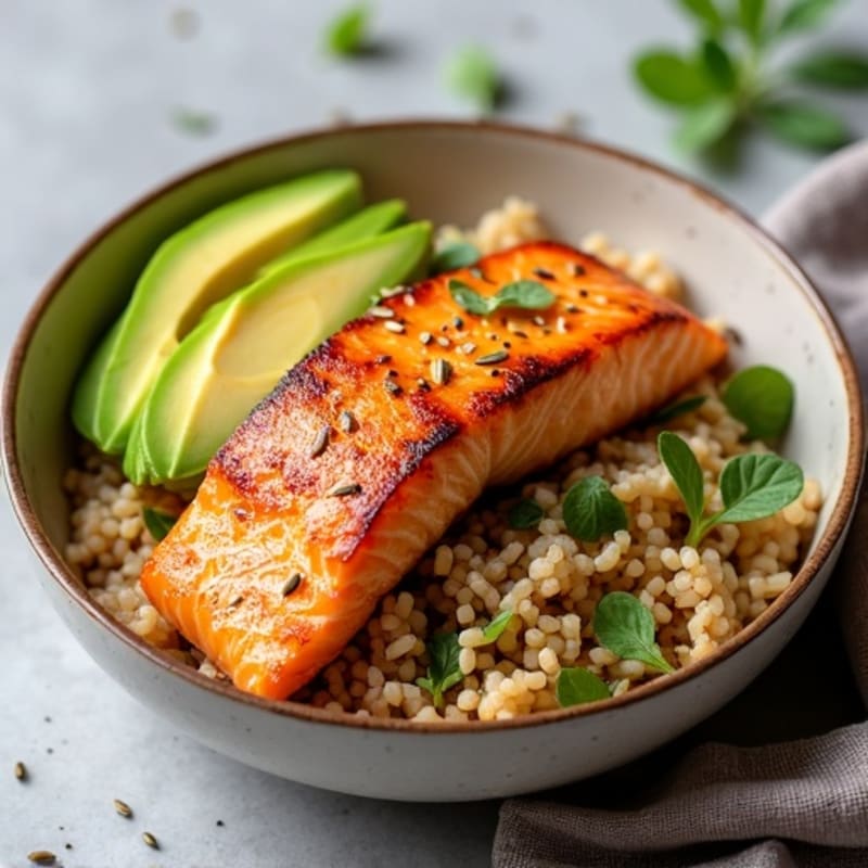 Seared Salmon Rice Bowl with Fresh Avocado and Sesame Dressing