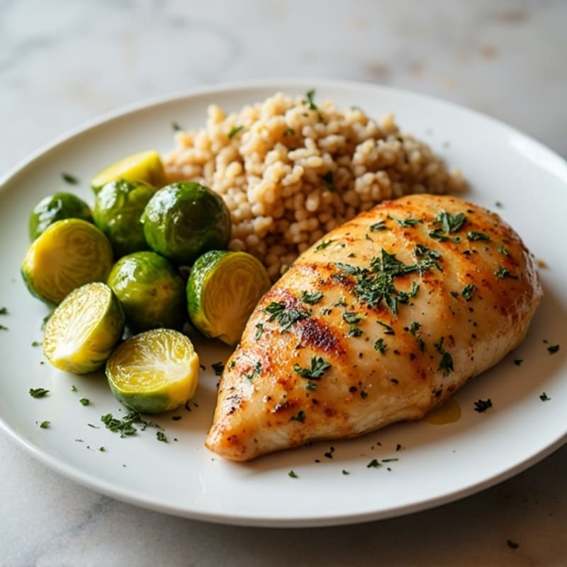 Herb-Roasted Chicken Breast with Garlic Brussel Sprouts and Brown Rice