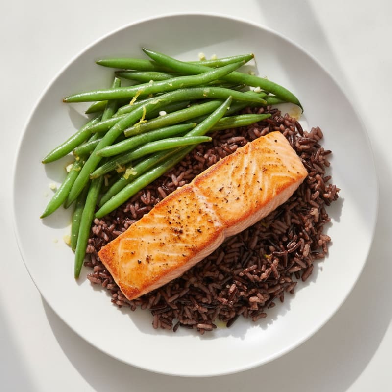 Seared Salmon with Garlic Green Beans and Wild Rice