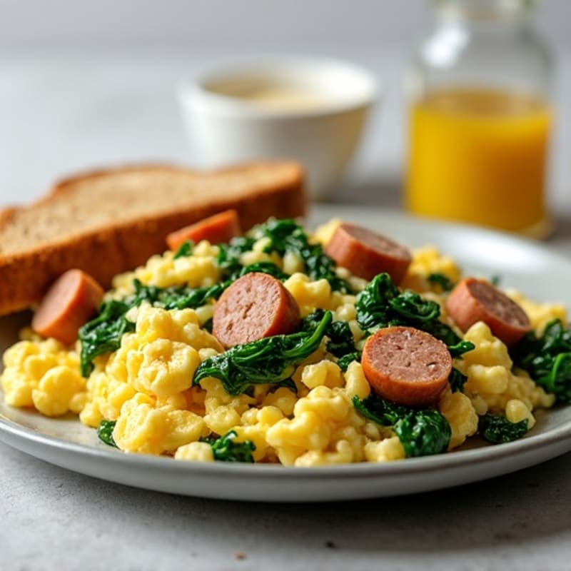 Egg White Scramble with Turkey Sausage and Sautéed Spinach