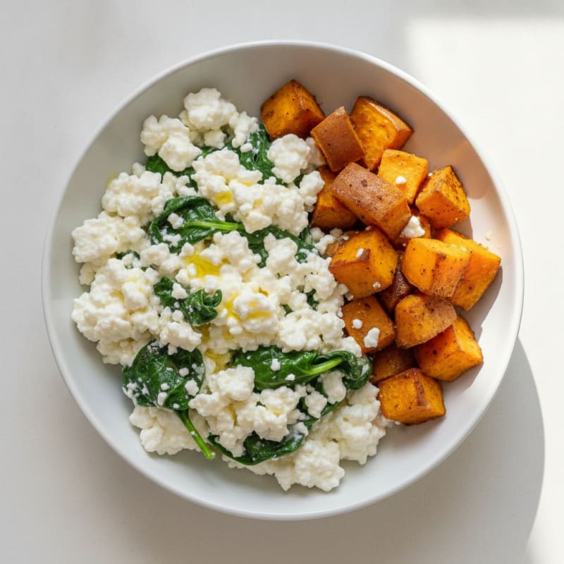 Cottage Cheese Egg White Scramble with Spinach and Roasted Sweet Potato